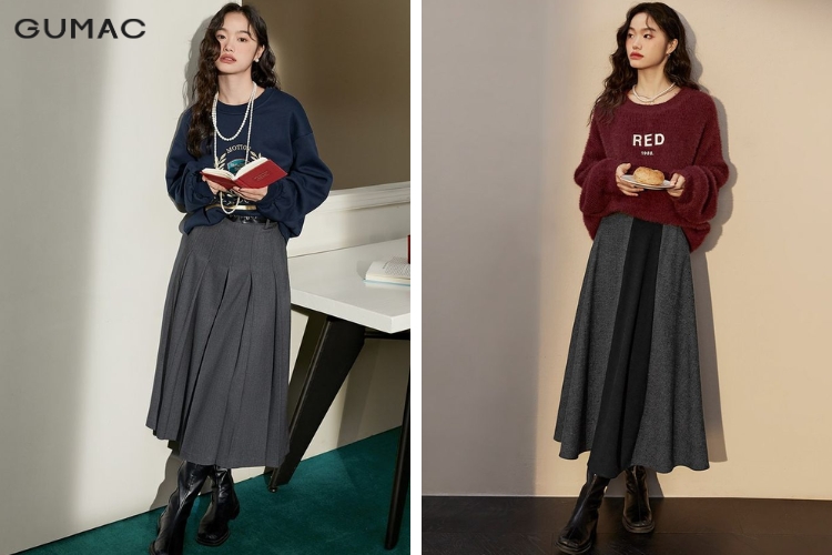 Váy thân dưới xếp ly mix cùng áo hoodie